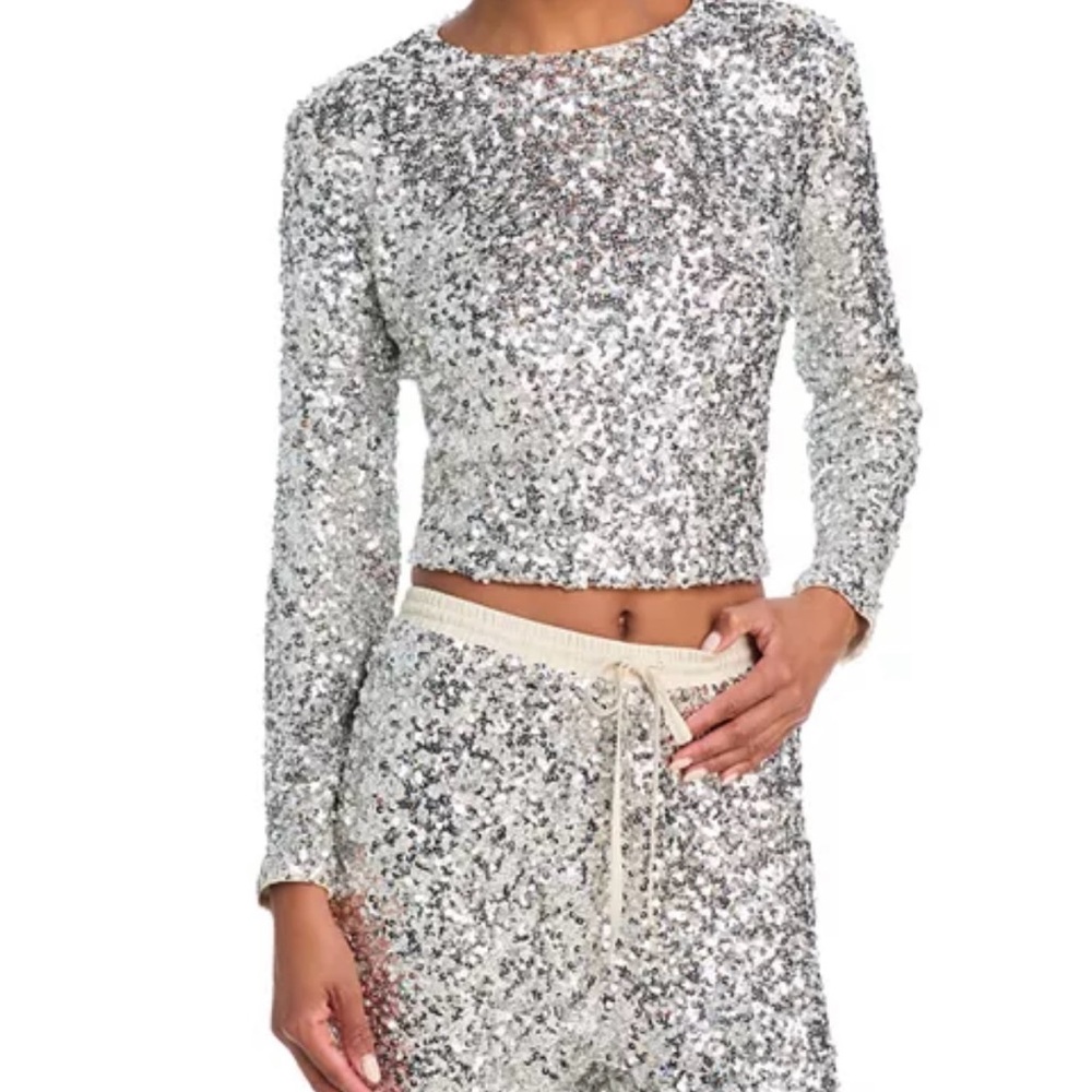 Aqua Glittering Silver Sequin Crop Top